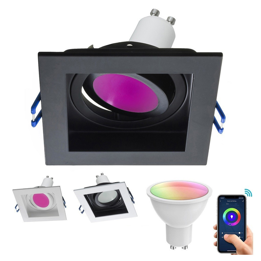 foto del prodotto trade shop traesio faretto led incasso quadrato smart alexa google lampada gu10 5w wifi rgb cct 9cm bianco e nero
