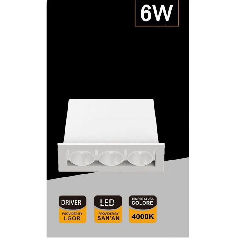 foto del prodotto trade shop traesio faretto led rettangolare da incasso 6watt luce 3000k 6000k 4000k moderno xtd 3 b bianco naturale 