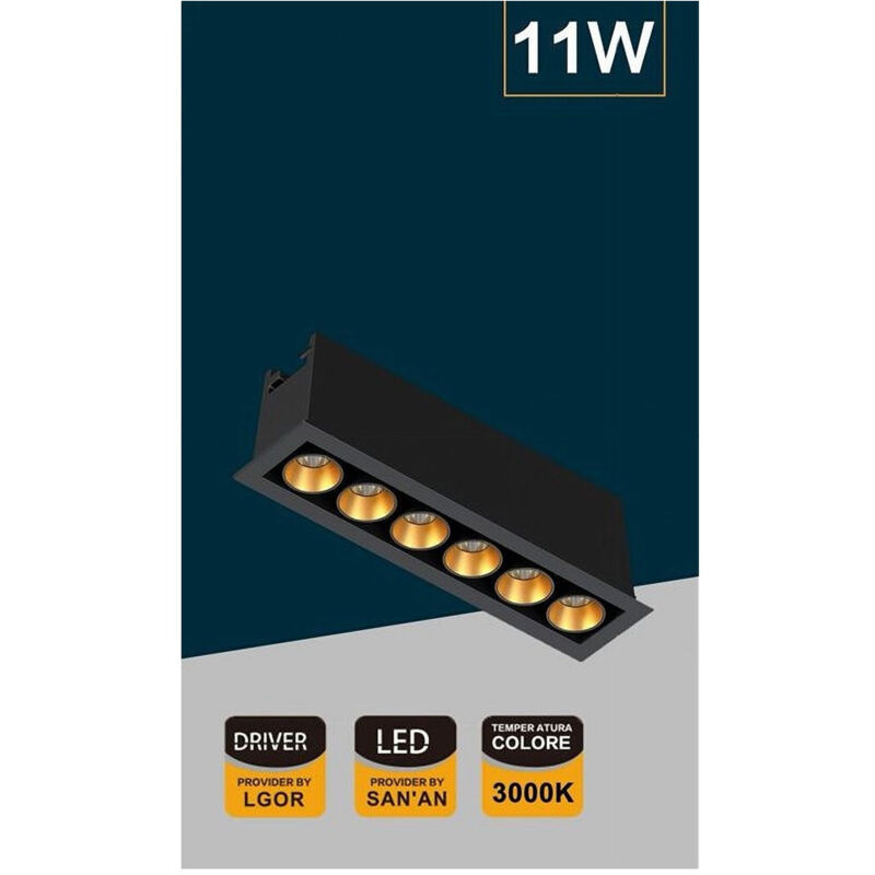 foto del prodotto trade shop traesio faretto led rettangolare incasso 11w luce 6000k 4000k 3000k moderno nero xtd 6 n bianco caldo 
