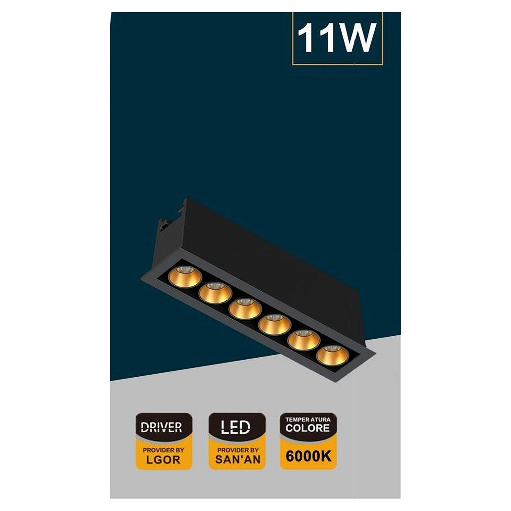 foto del prodotto trade shop traesio faretto led rettangolare incasso 11w luce 6000k 4000k 3000k moderno nero xtd 6 n bianco freddo 