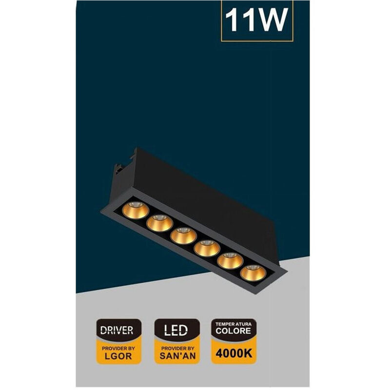 foto del prodotto trade shop traesio faretto led rettangolare incasso 11w luce 6000k 4000k 3000k moderno nero xtd 6 n bianco naturale 