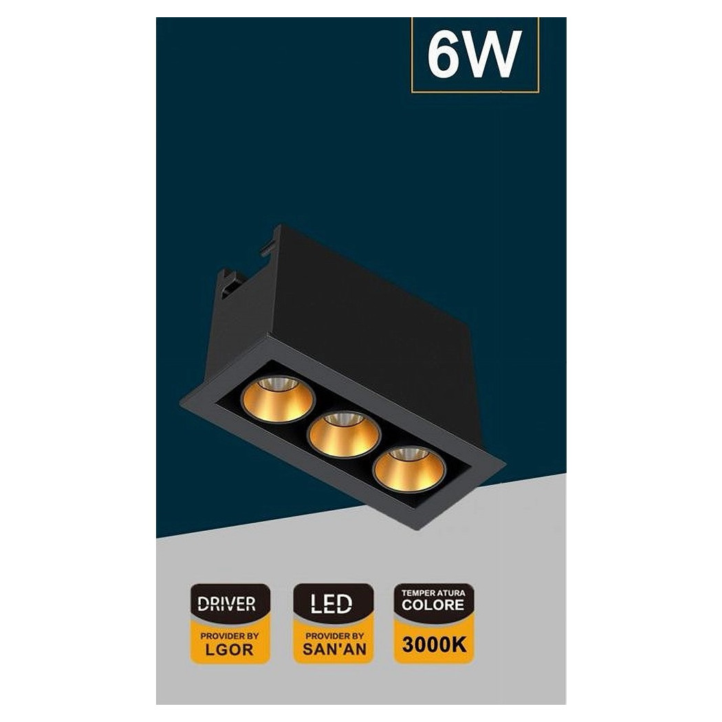 foto del prodotto trade shop traesio faretto led rettangolare nero da incasso 6 w luce naturale fredda calda xtd 3 n bianco caldo 