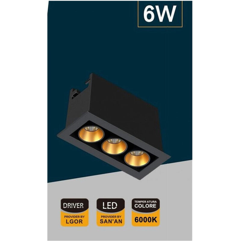 foto del prodotto trade shop traesio faretto led rettangolare nero da incasso 6 w luce naturale fredda calda xtd 3 n bianco freddo 