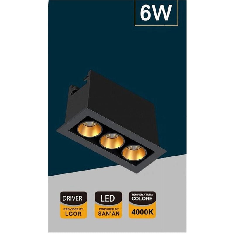 foto del prodotto trade shop traesio - faretto led rettangolare nero da incasso 6 w luce naturale fredda calda xtd-3-n - -bianco naturale -