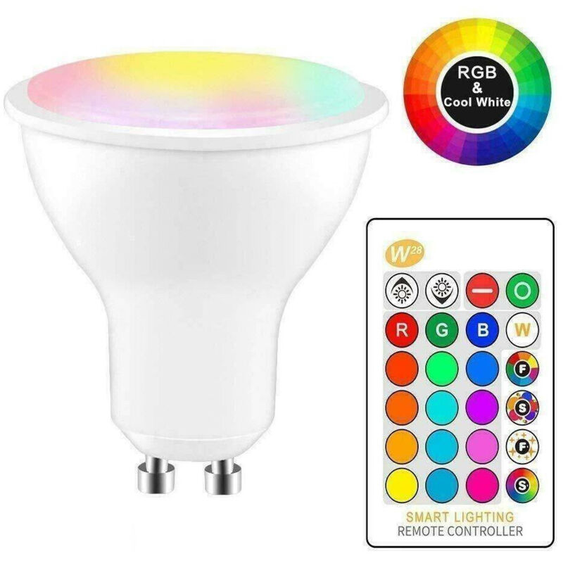 foto del prodotto trade shop traesio faretto rgb white 5w gu10 lampadina led cambiacolore telecomando cromoterapia 