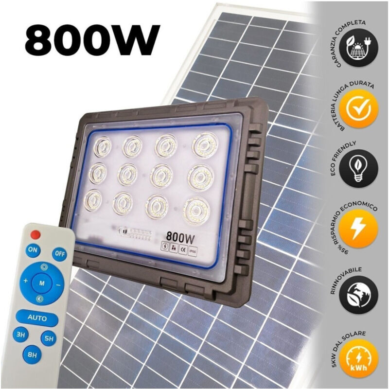 foto del prodotto trade shop traesio faro 800 watt con pannello solare luce forte telecomando batteria lunga durata 