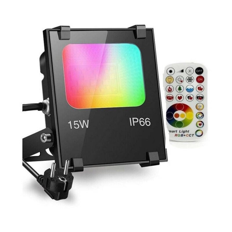 foto del prodotto trade shop traesio faro faretto a led rgb cct per esterni da 15w con telecomando ir proiettore 