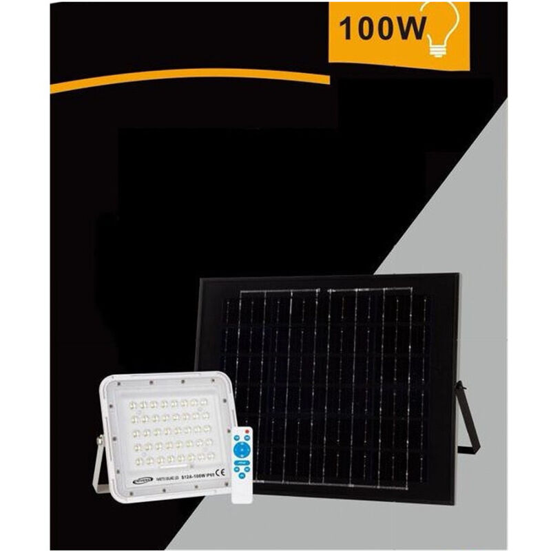 foto del prodotto trade shop traesio faro faretto pannello solare 100 w luce fredda 6500k ip65 telecomando s12a 100w 