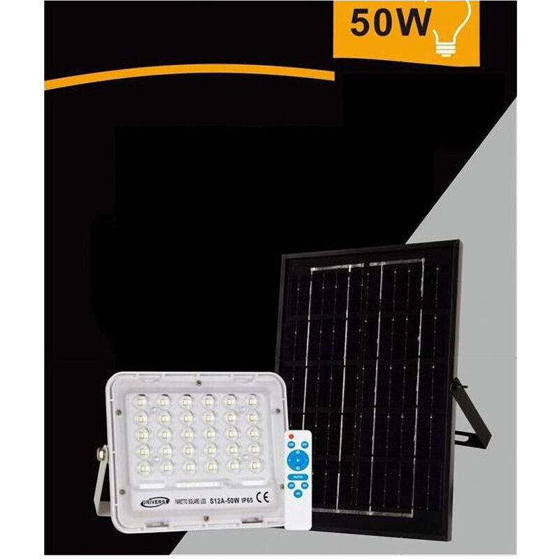 foto del prodotto trade shop traesio faro faretto pannello solare 50 watt luce fredda 6500k ip65 telecomando s12a 50w 