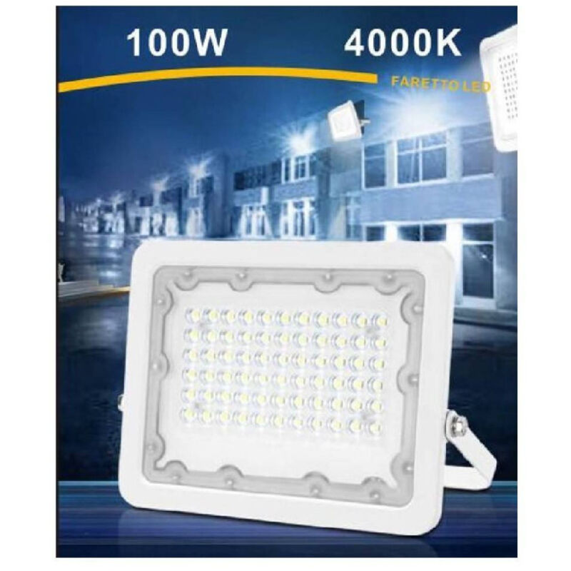 foto del prodotto trade shop traesio faro led 100w ultra slim bianco esterno ip65 luce fredda naturale calda fs100w b bianco naturale 
