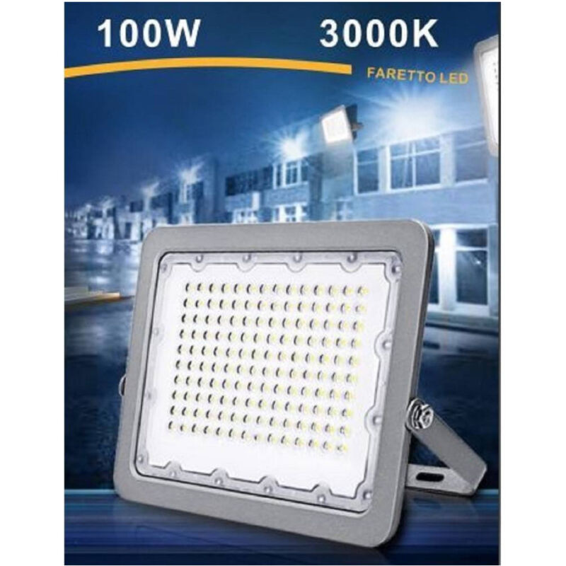 foto del prodotto trade shop traesio faro led 100w ultra slim esterno grigio ip65 luce 6500k 4000k 3000k fs100 bianco caldo 