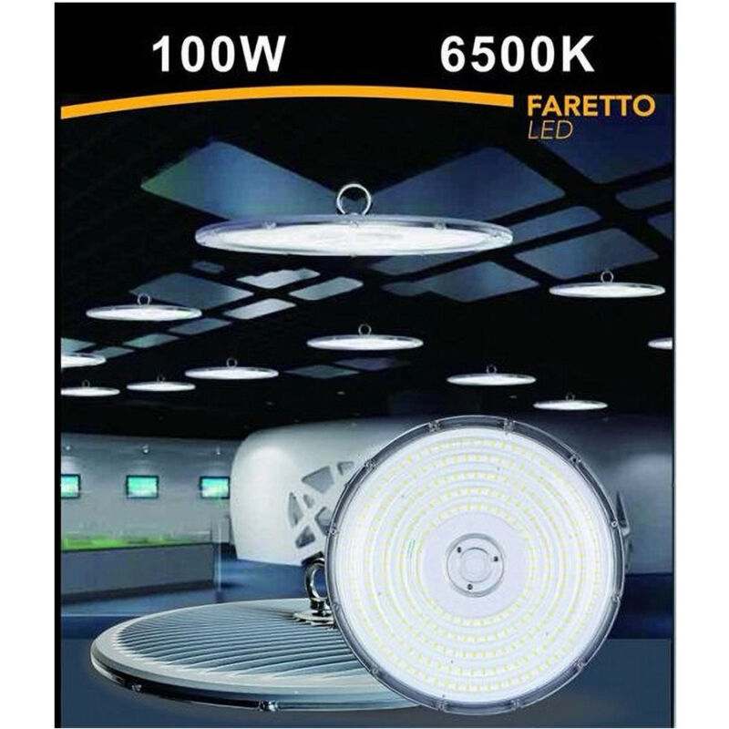 foto del prodotto trade shop traesio faro led slim industriale 100w ufo lampada riflettore ip65 luce fredda he02 100w 