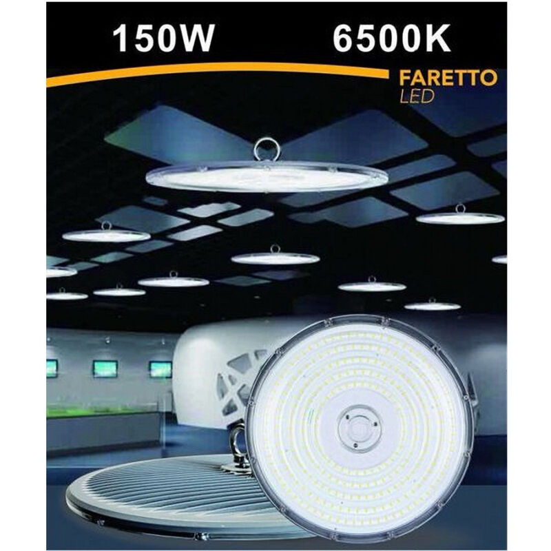 foto del prodotto trade shop traesio faro led slim industriale 150w ufo lampada riflettore ip65 luce fredda he02 150w 