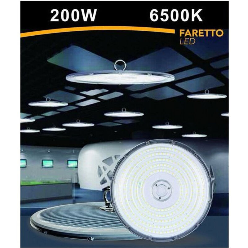 foto del prodotto trade shop traesio faro led slim industriale 200w ufo lampada riflettore ip65 luce fredda he02 200w 