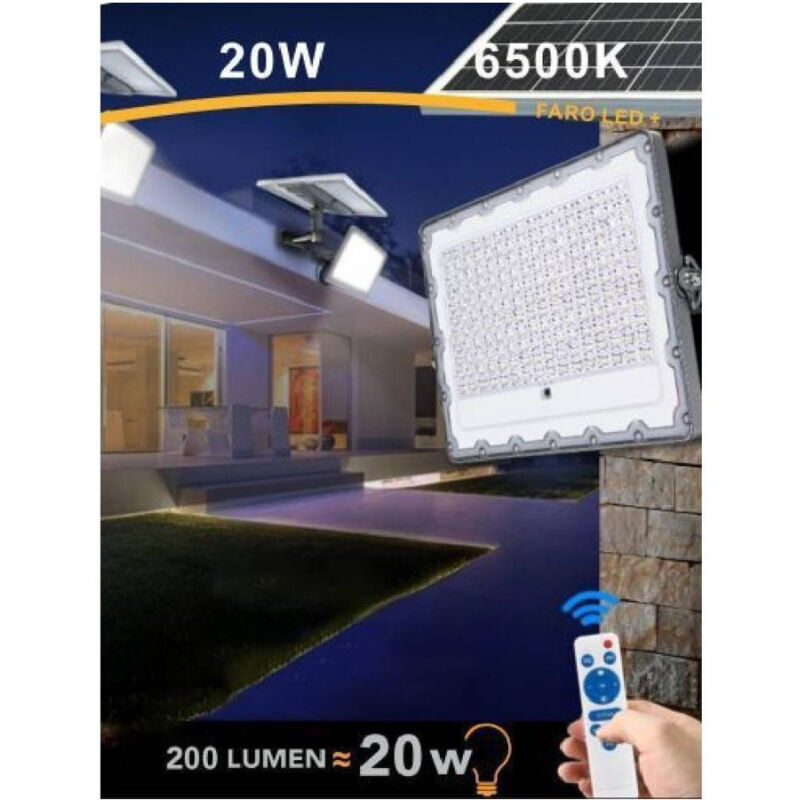 foto del prodotto trade shop traesio faro led solare crepuscolare 20w pannello energia solare telecomando ip65 sl 20w 