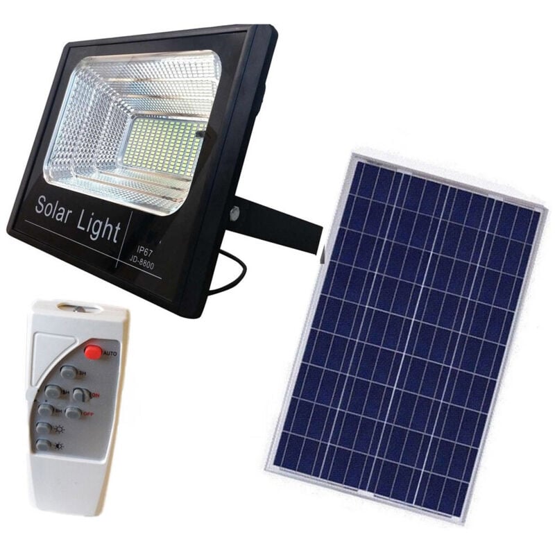 foto del prodotto trade shop traesio faro pannello energia solare faretto led luce bianca ip67 con telecomando 100 watt