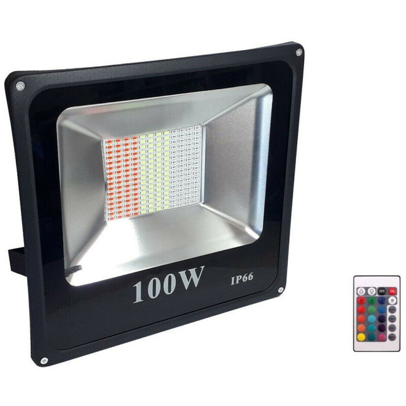 foto del prodotto trade shop traesio faro proiettore led 100w rgb multicolore da esterno ip66 220v telecomando 87684 