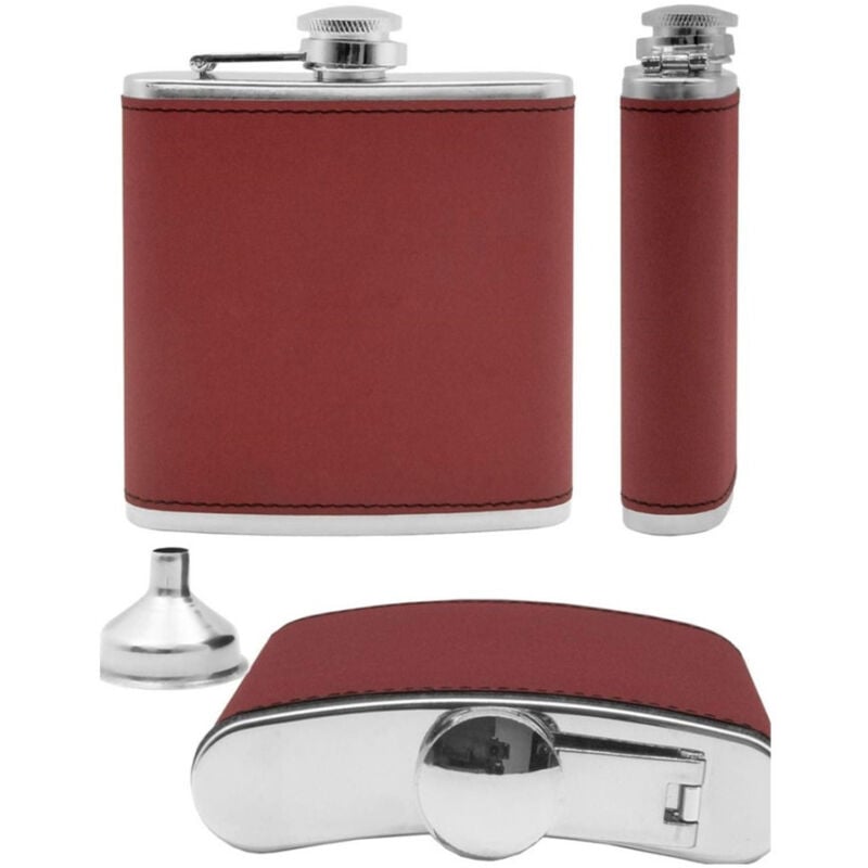 foto del prodotto trade shop traesio fiaschetta in acciaio inox design in pelle con imbuto idea regalo 175 ml rosso 