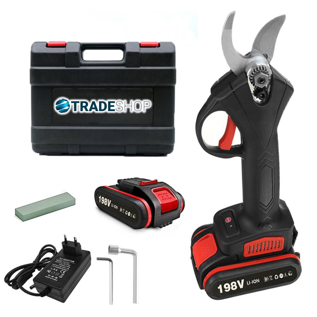 foto del prodotto trade shop traesio forbice da potatura a batteria cesoia tronca rami 24v cordless 2 batterie 1.0ah 