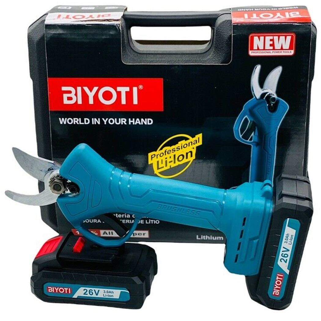 foto del prodotto trade shop traesio forbice da potatura a batteria cesoia tronca rami 26v cordless 2 batterie 3.0ah 