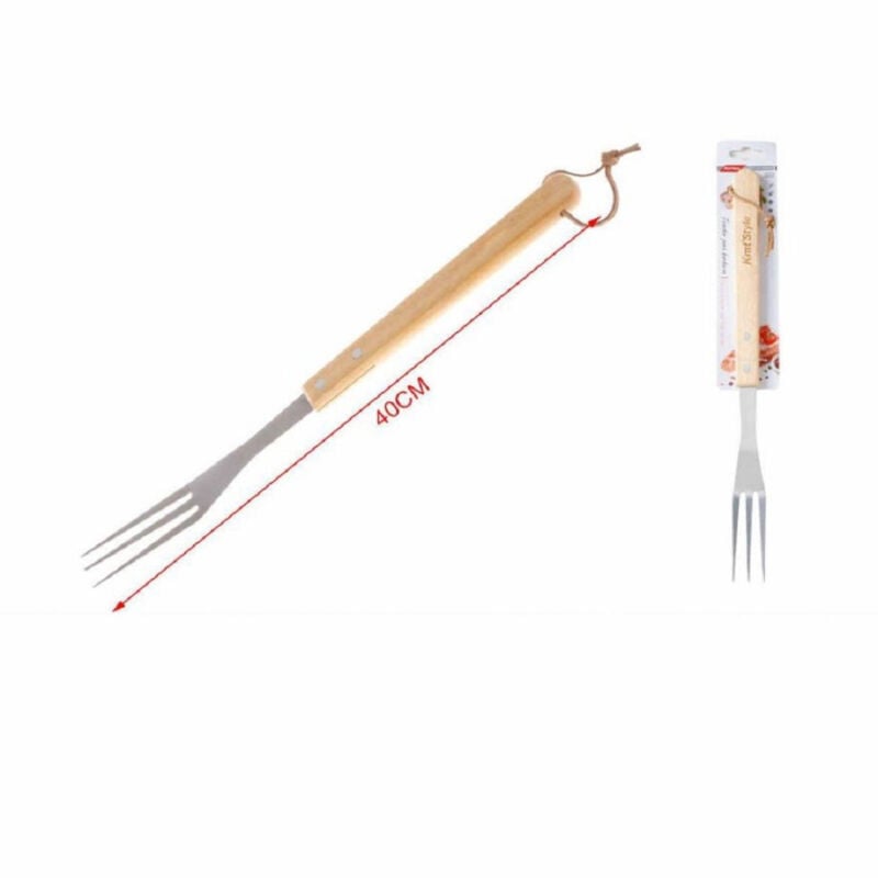 foto del prodotto trade shop traesio forchettone 3 rebbi per barbecue grigliata 40cm in acciaio manico legno 2406328 