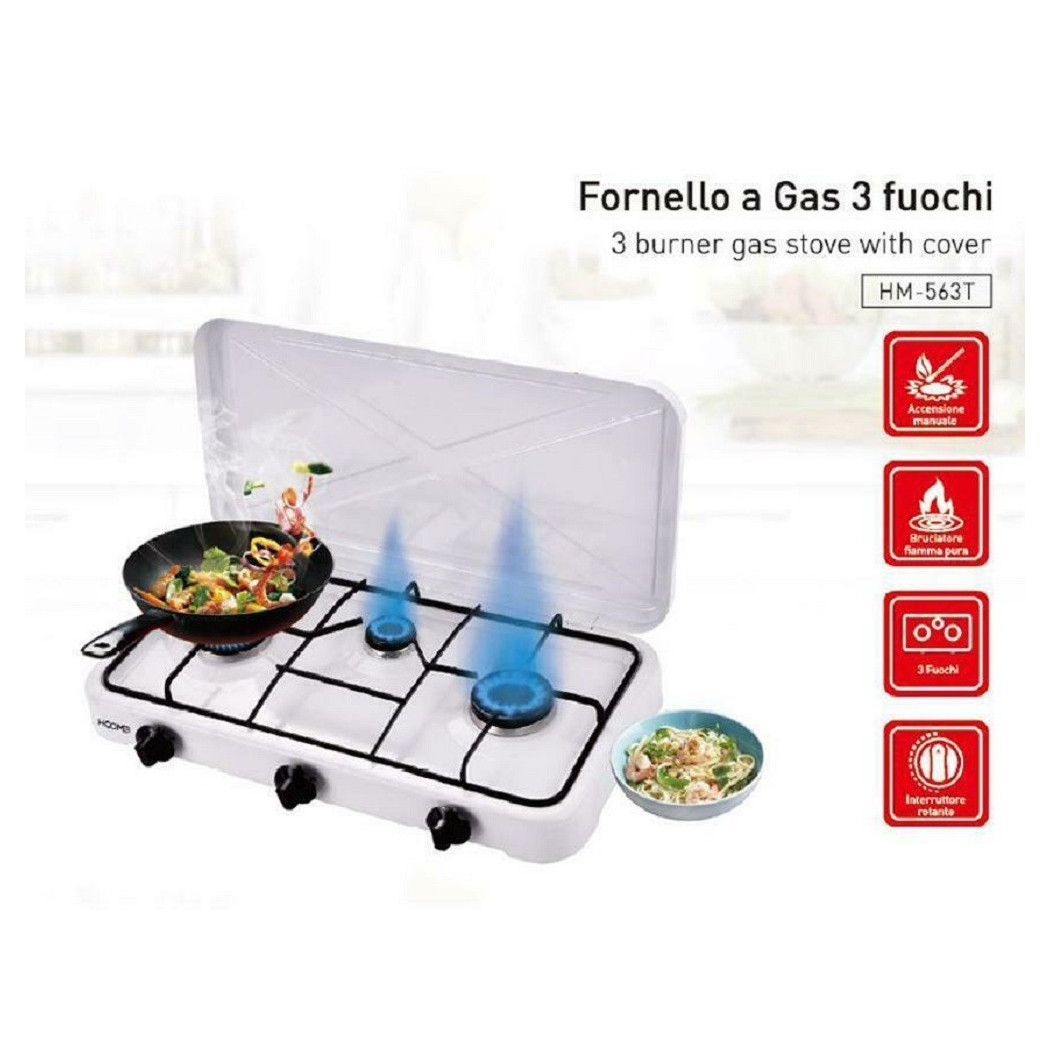 foto del prodotto trade shop traesio fornello a gas tre fuochi fiamma regolabile coperchio antipolvere piastra 