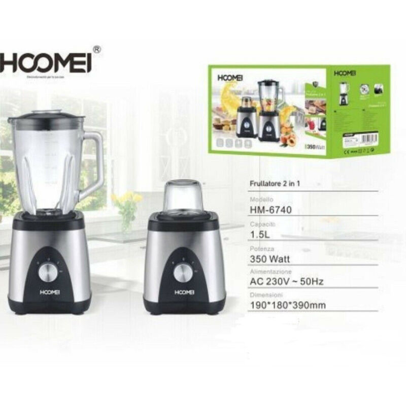 foto del prodotto trade shop traesio frullatore 2 in 1 tritatutto frutta frullati frappe 1,5lt 350w hoomei hm 6740 