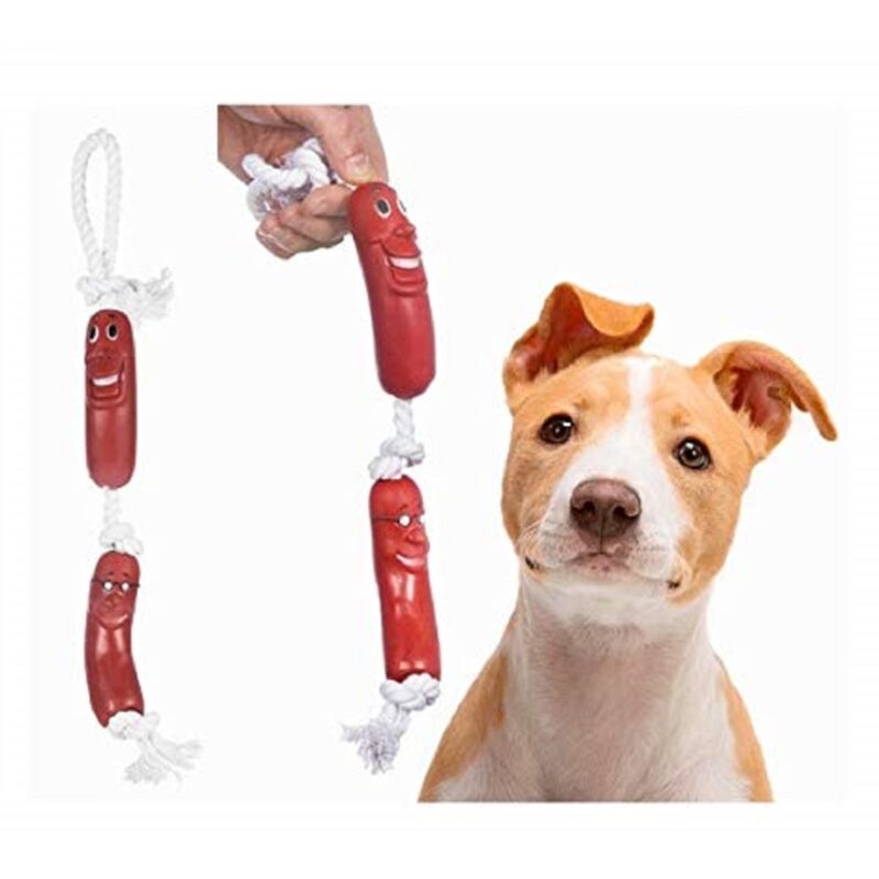 foto del prodotto trade shop traesio gioco fune corda 2 salsicce con faccine per cane giocattolo gatto masticare denti 