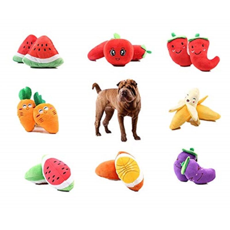foto del prodotto trade shop traesio gioco peluche frutta morbido cani banana anguria peperoncino pomodoro morde denti 