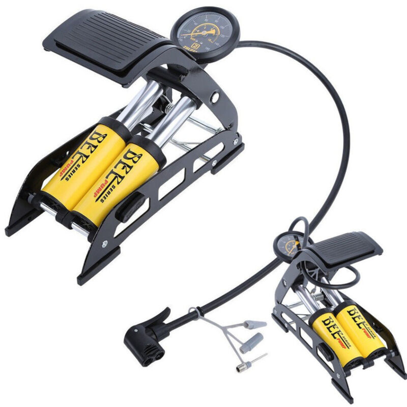 foto del prodotto trade shop traesio gonfiatore pompa a pedale manometro a 2 cilindri bici auto moto 10 bar 160 psi 