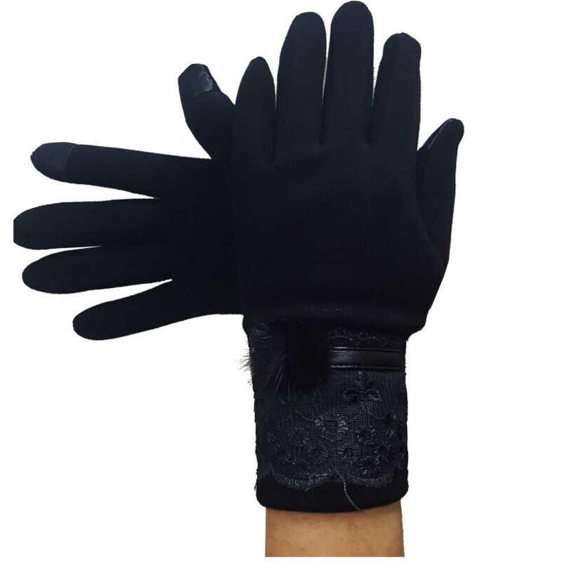 foto del prodotto trade shop traesio guanti tessuto cotone donna nero pon pon pizzo taglia 8 gloves fodera pile 