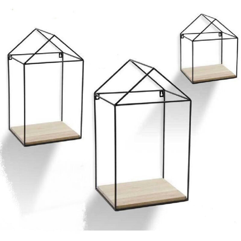 foto del prodotto trade shop traesio kaela 3pz mensole parete casa bacheca mensola legno sospesa metallo nero h20 32 40cm 751653 