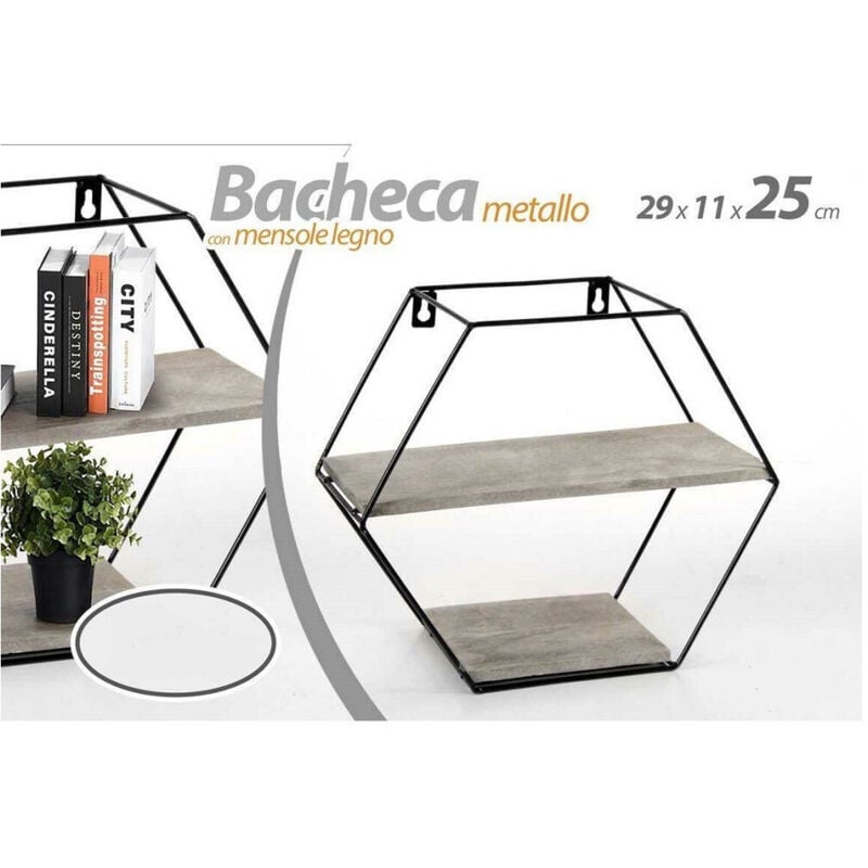 foto del prodotto trade shop traesio kaela bacheca porta oggetti metallo esagonale parete 2 mensole legno 29x11x25cm 751981 