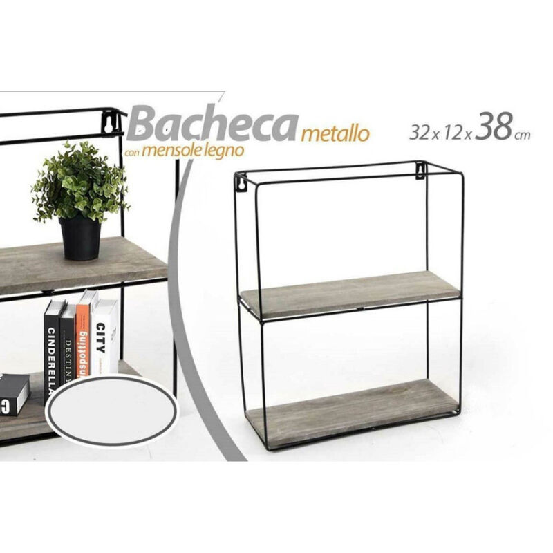 foto del prodotto trade shop traesio kaela bacheca porta oggetti metallo rettangolare parete 2 mensole legno 32x12x38cm 751967 