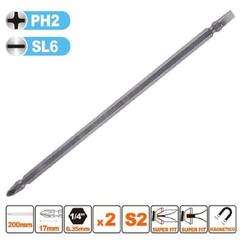 foto del prodotto trade shop traesio kaela kit 2pz di bits da 200mm punte doppie inserti ph2 sl6 punta s2 magnetica 57246 