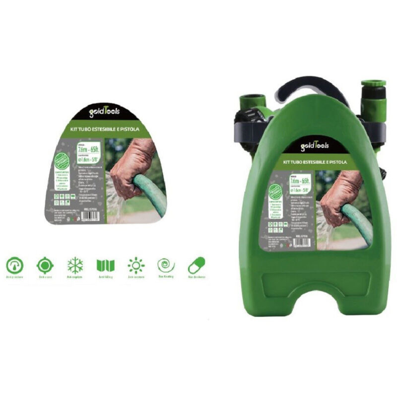 foto del prodotto trade shop traesio kaela kit tubo estensibile avvolgibile 7.6mt pistola irrigazione giardino staffa 57516 