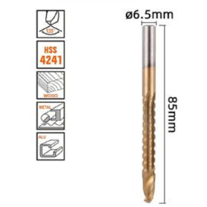 foto del prodotto trade shop traesio kaela punta trapano elicoidale 6.5mmx85mm in titanio hss 4241 per metallo legno 57151 