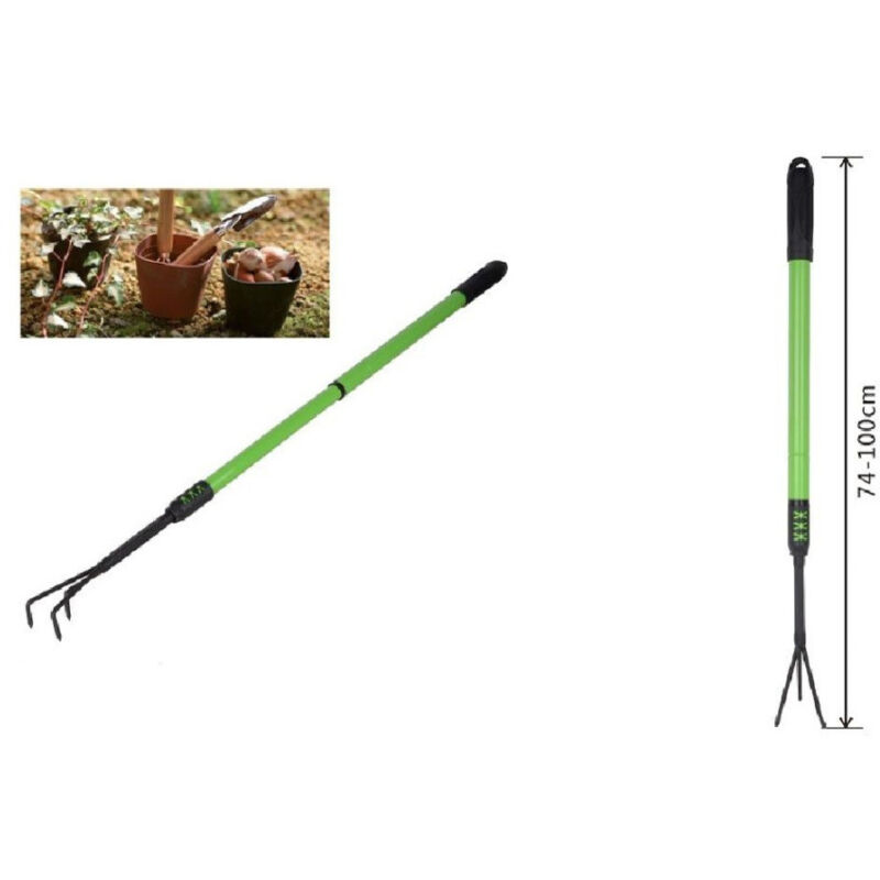 foto del prodotto trade shop traesio kaela rastrello a 3 denti con manico allungabile attrezzo per giardino 74 100cm 90071 