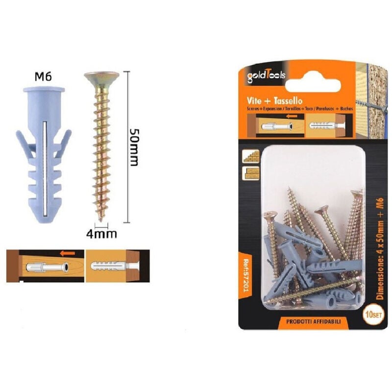foto del prodotto trade shop traesio - kaela - set 10 pezzi viti vite 4 x 50 mm + tasselli con alette tassello m6 fischer 57201 -