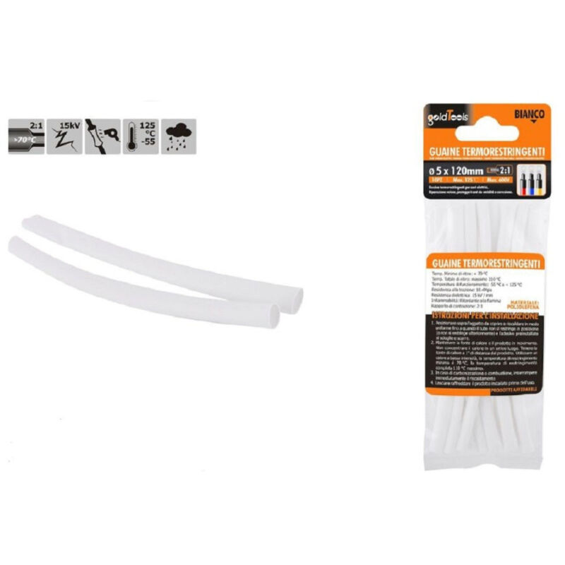 foto del prodotto trade shop traesio kaela set 10pz guaine termorestringenti termoretrattili bianche 5x120mm per cavi 57068 