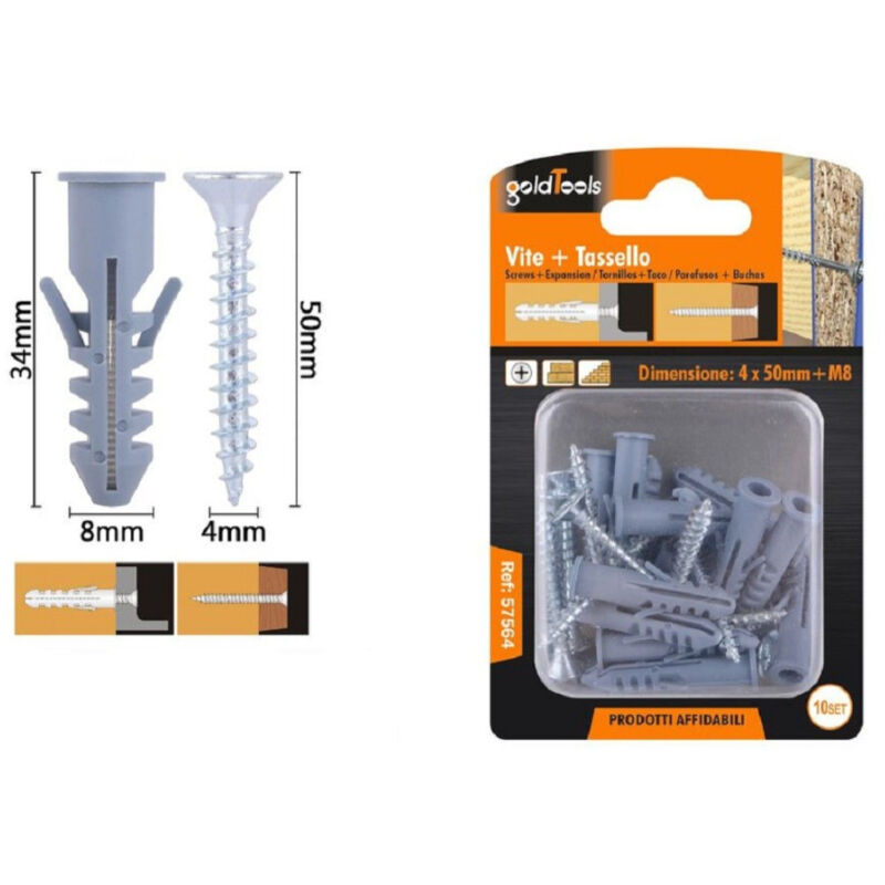 foto del prodotto trade shop traesio kaela set 10pz viti vite croce 4x50mm tasselli con alette tassello m8 fischer 57564 