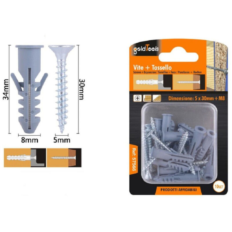 foto del prodotto trade shop traesio kaela set 10pz viti vite croce 5x30 mm tasselli con alette tassello m8 fischer 57566 