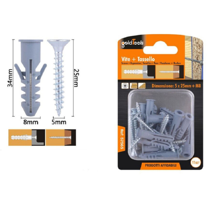 foto del prodotto trade shop traesio kaela set 11pz viti vite croce 5x25mm tasselli con alette tassello m8 fischer 57565 