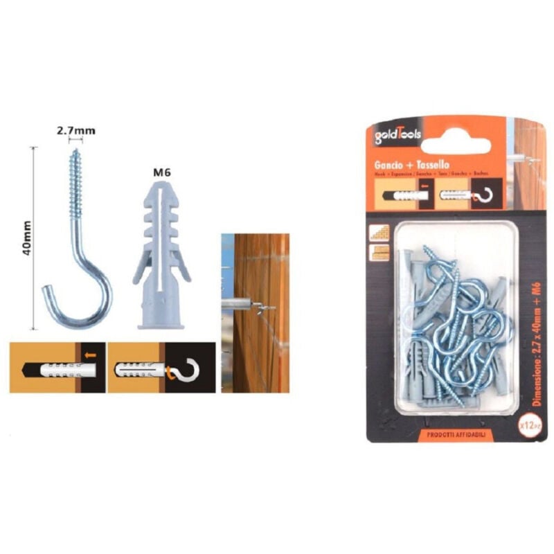 foto del prodotto trade shop traesio kaela set 12 pezzi viti vite a gancio 2.7x40mm tasselli con alette tassello m6 90736 