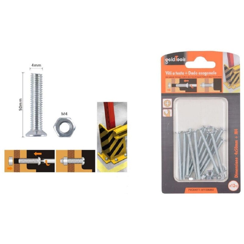 foto del prodotto trade shop traesio - kaela - set 12 pezzi viti vite a testa a croce piatta 4x50mm con dado esagonale m4 90938 -