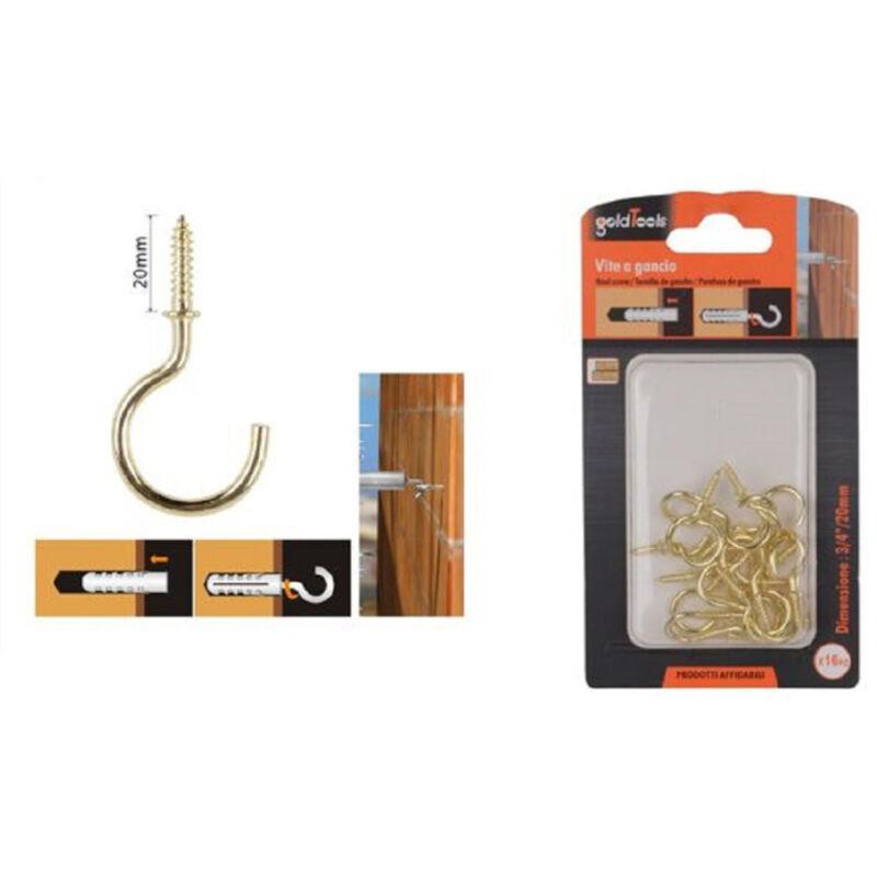 foto del prodotto trade shop traesio kaela set 16 pezzi vite a gancio 3 4 20 mm viti autofilettanti dorate per legno 90808 
