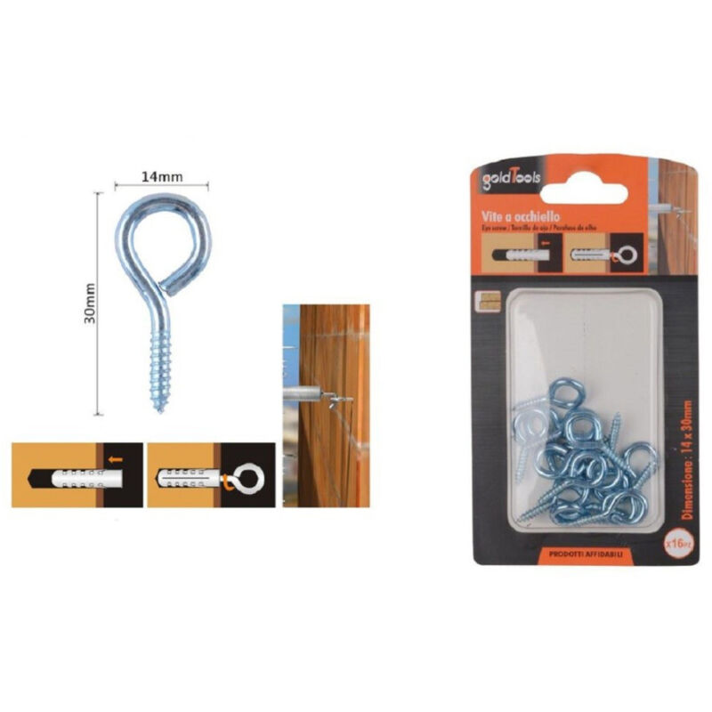 foto del prodotto trade shop traesio kaela set 16pz viti vite a occhiello gancio chiuso 14x30mm filettatura per legno 90719 