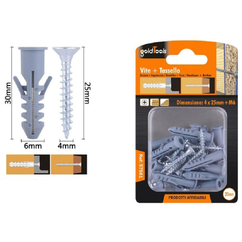 foto del prodotto trade shop traesio kaela set 20 pz viti vite croce 4x25mm tasselli con alette tassello m6 fischer 57561 