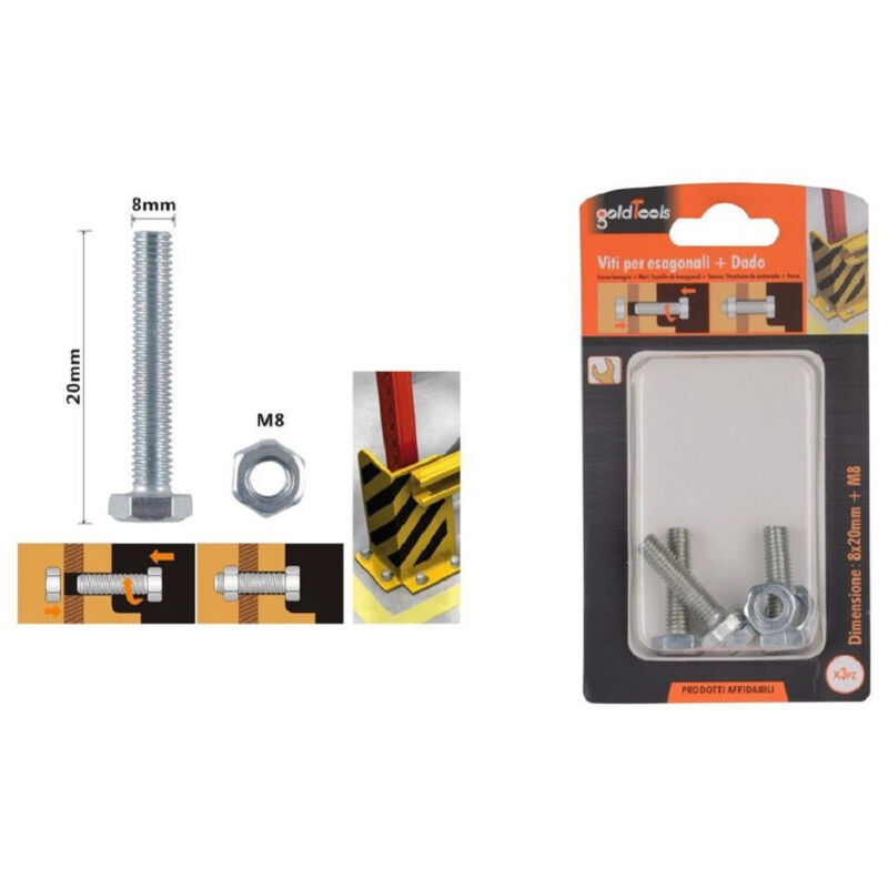foto del prodotto trade shop traesio kaela set 3 pz vite viti per esterno a testa esagonali 8 x 20mm con dadi dado m8 90919 