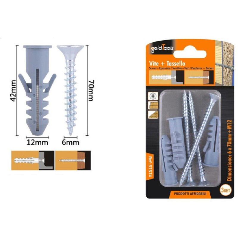 foto del prodotto trade shop traesio kaela set 3 pz viti vite croce 6x70mm tasselli con alette tassello m12 fischer 57574 